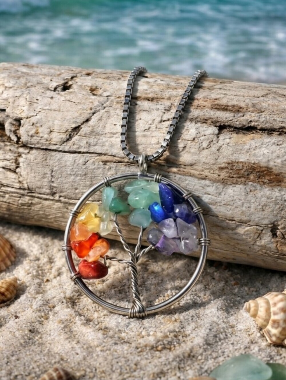 7 Chakra Tree of Life Crystal Pendant Necklace Boho Chic Stainless Steel 19.5"